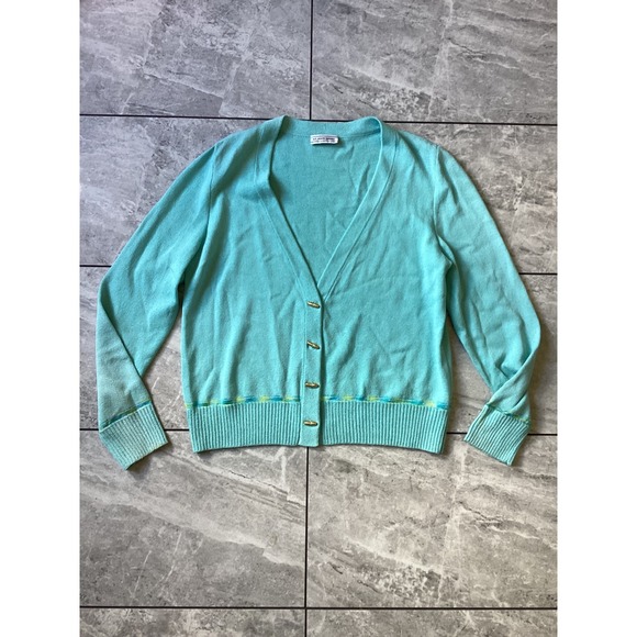 St. John Sport Sweaters - St John Sport Turquoise Wool Blend V-Neck Cardigan Gold Toggle Buttons Sweater